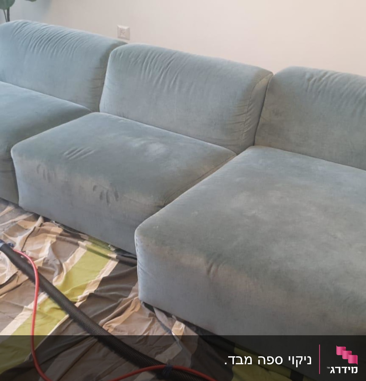 ספה כחולה עם צינור ניקוי על שטיח